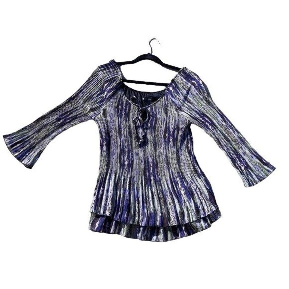 New Directions Top Artsy Crinkle Pleated Streaked V-neck Bell‎ Sleeve Purple M